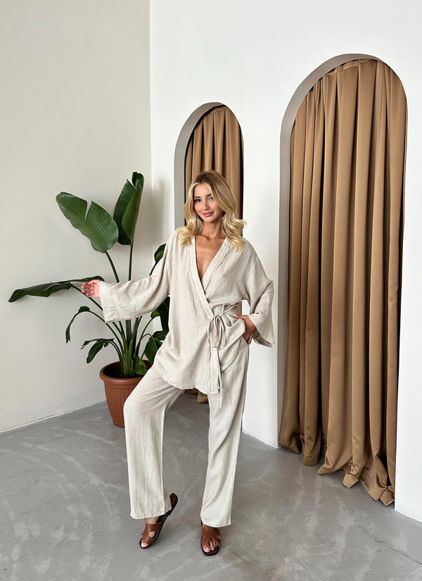 Taş Detaylı Yan Bağlamalı Keten Kumaş Kimono Takım