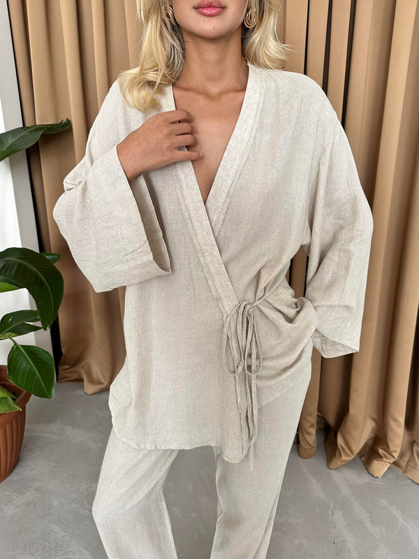 Taş Detaylı Yan Bağlamalı Keten Kumaş Kimono Takım