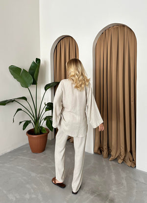 Taş Detaylı Yan Bağlamalı Keten Kumaş Kimono Takım