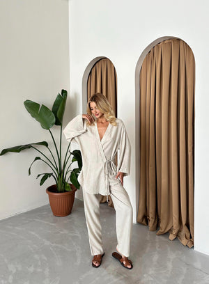 Taş Detaylı Yan Bağlamalı Keten Kumaş Kimono Takım