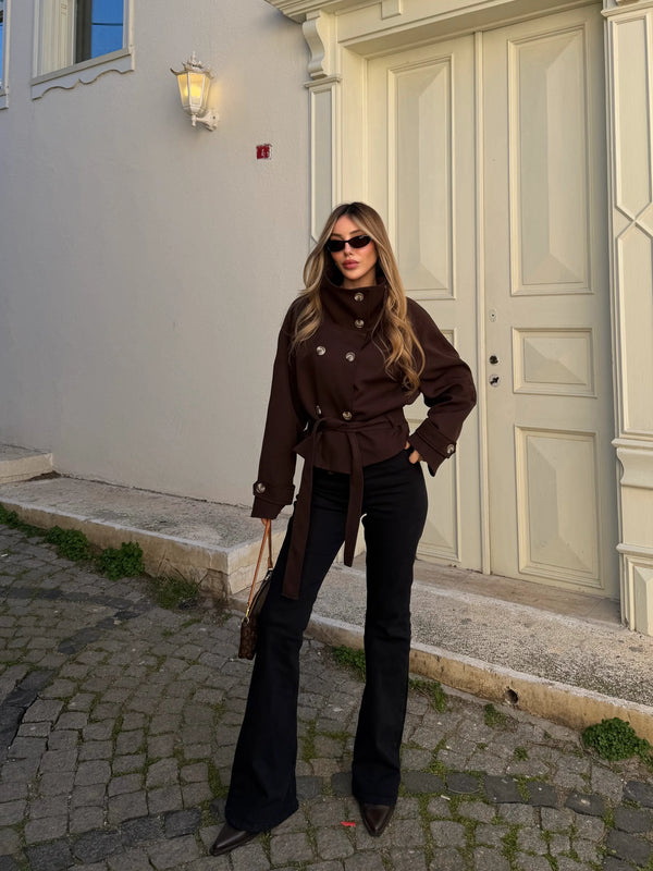 Kahverengi Dik Yakalı Kuşaklı Trençkot - 501326