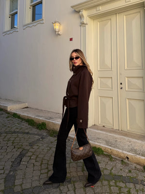 Kahverengi Dik Yakalı Kuşaklı Trençkot - 501326