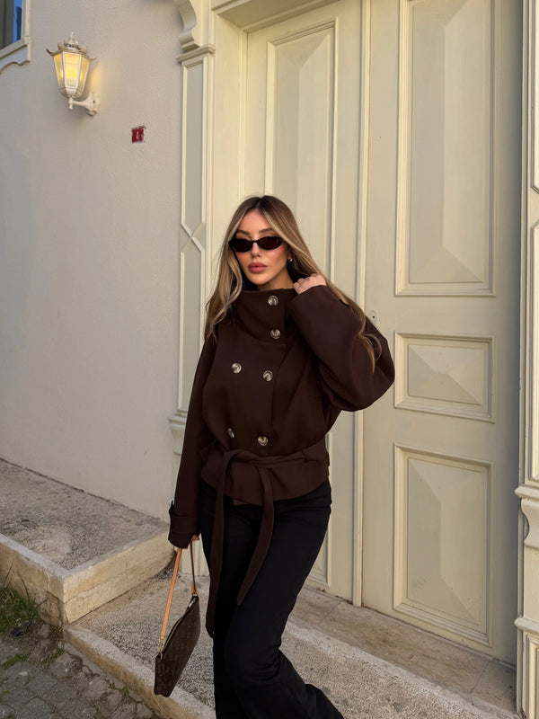 Kahverengi Dik Yakalı Kuşaklı Trençkot - 501326