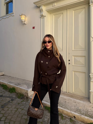 Kahverengi Dik Yakalı Kuşaklı Trençkot - 501326