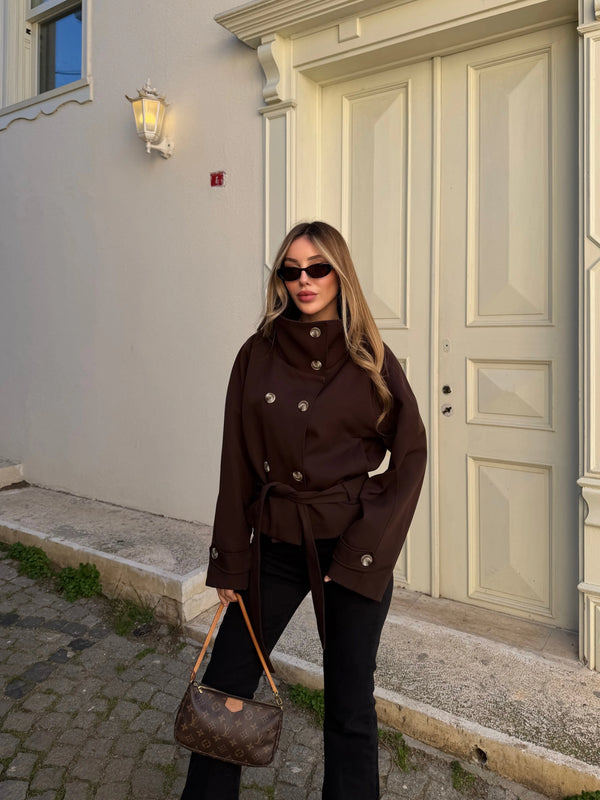 Kahverengi Dik Yakalı Kuşaklı Trençkot - 501326