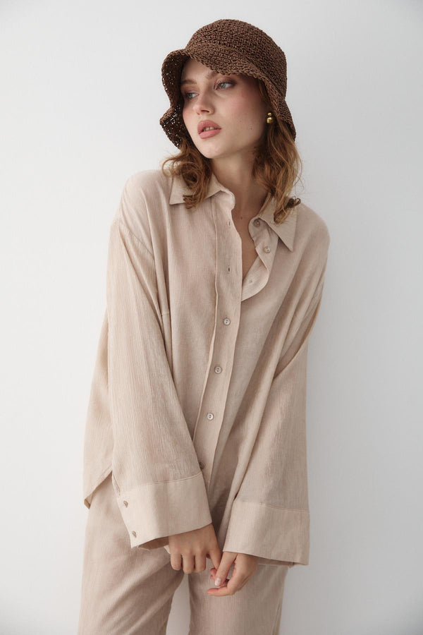 Taş Rengi Dokulu Gömlekli Pantolon Takım