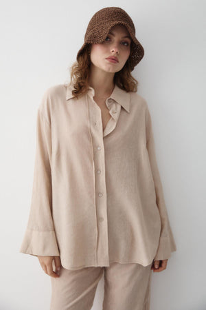 Taş Rengi Dokulu Gömlekli Pantolon Takım