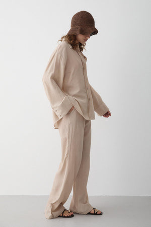 Taş Rengi Dokulu Gömlekli Pantolon Takım