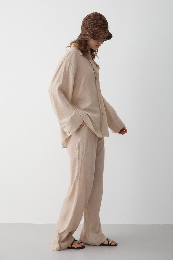 Taş Rengi Dokulu Gömlekli Pantolon Takım