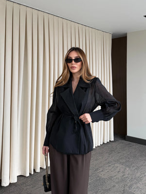 Siyah Vatkalı Transparan Gömlek - 5029