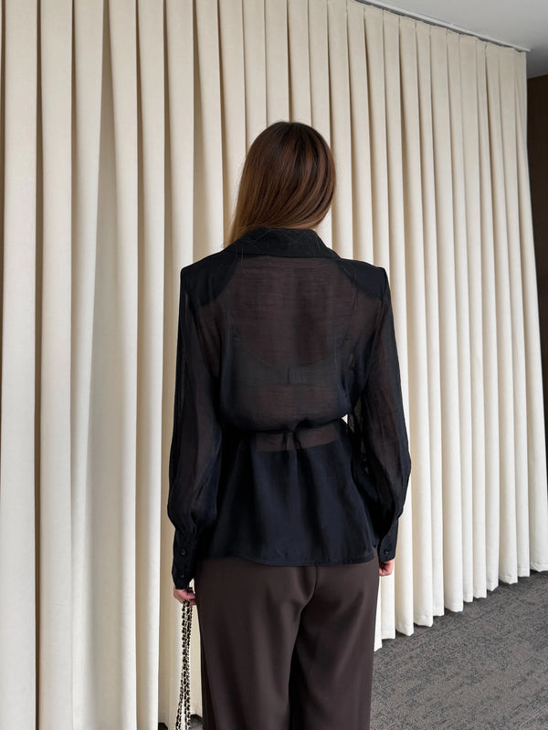 Siyah Vatkalı Transparan Gömlek - 5029