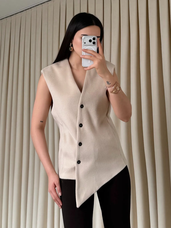 Bej Venedik Çapraz Düğmeli Yelek