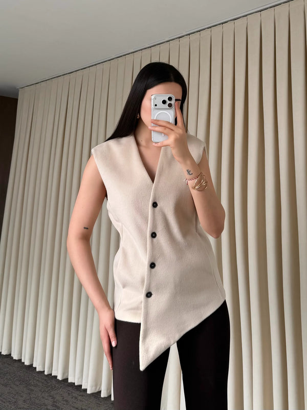 Bej Venedik Çapraz Düğmeli Yelek