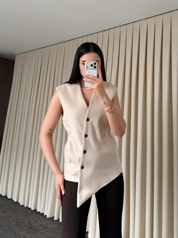 Bej Venedik Çapraz Düğmeli Yelek