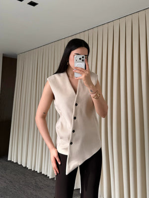 Bej Venedik Çapraz Düğmeli Yelek