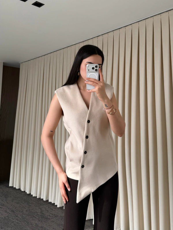 Bej Venedik Çapraz Düğmeli Yelek