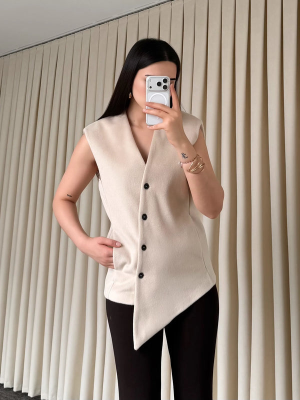 Bej Venedik Çapraz Düğmeli Yelek