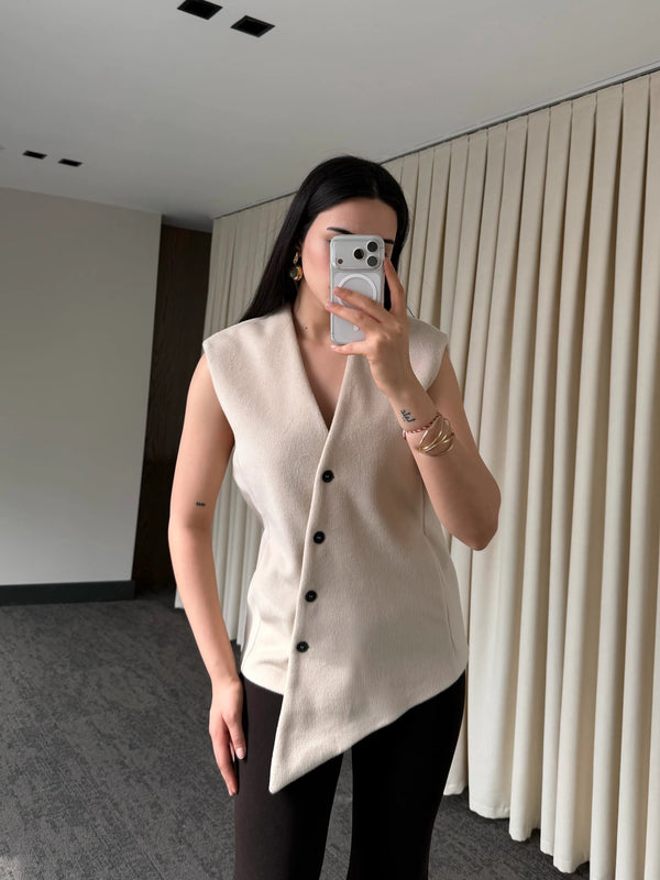 Bej Venedik Çapraz Düğmeli Yelek