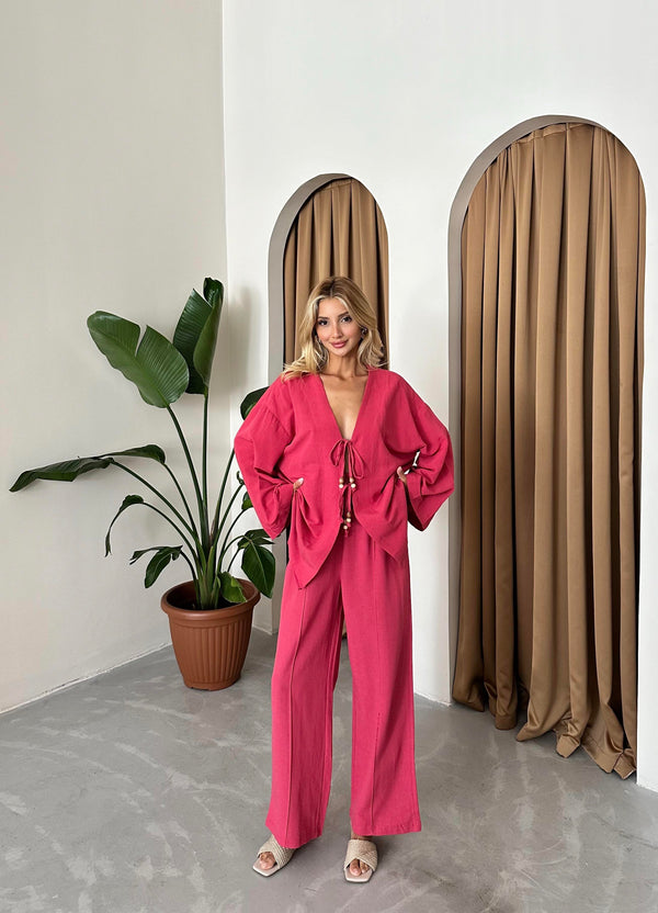 Vişne Boncuklu Kimono Keten Takım