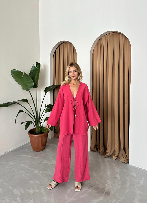 Vişne Boncuklu Kimono Keten Takım