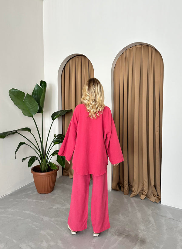 Vişne Boncuklu Kimono Keten Takım
