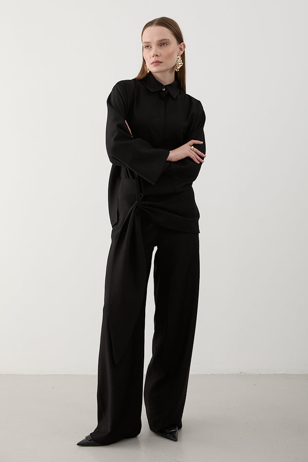 Siyah Beli Detaylı Pantolon Gömlek Takım - 8862