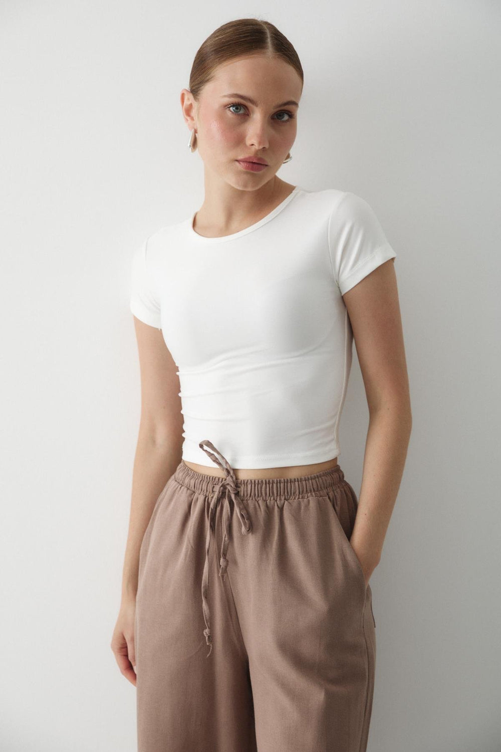 Vizon Beli Lastikli Pamuklu Keten Pantolon