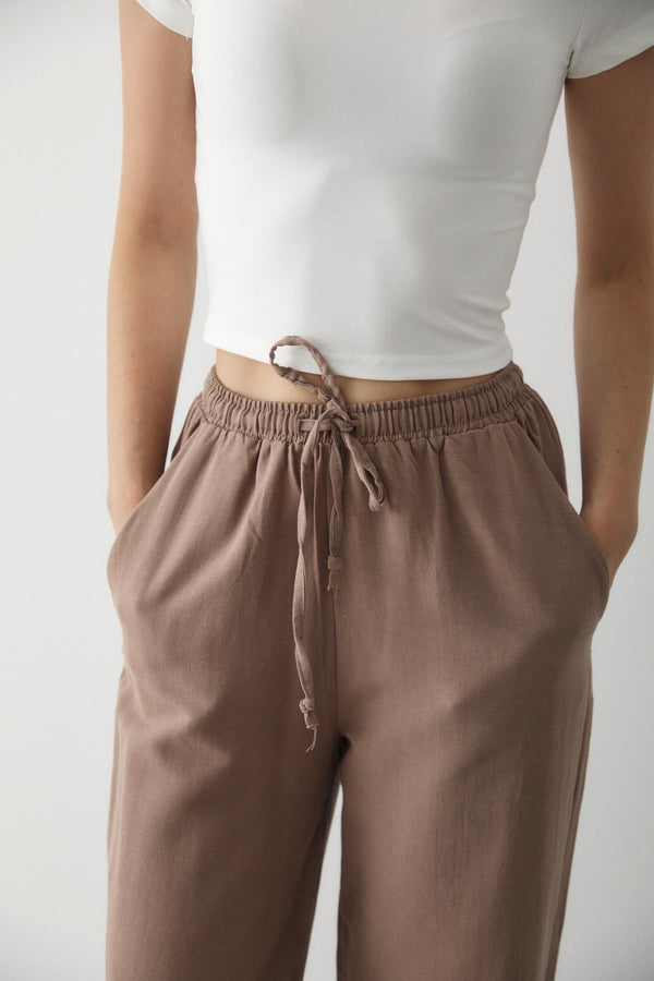 Vizon Beli Lastikli Pamuklu Keten Pantolon