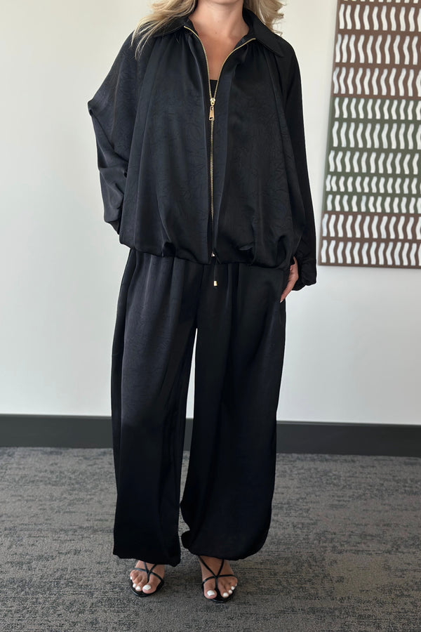 Siyah Beli Lastikli Saten Şalvar Pantolon - 51199