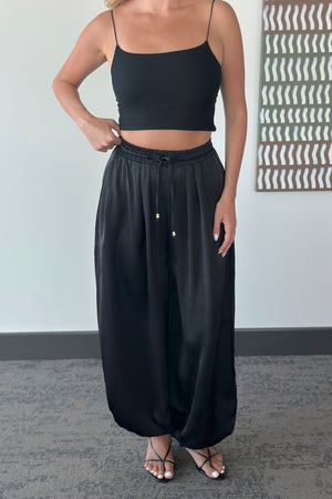 Siyah Beli Lastikli Saten Şalvar Pantolon - 51199