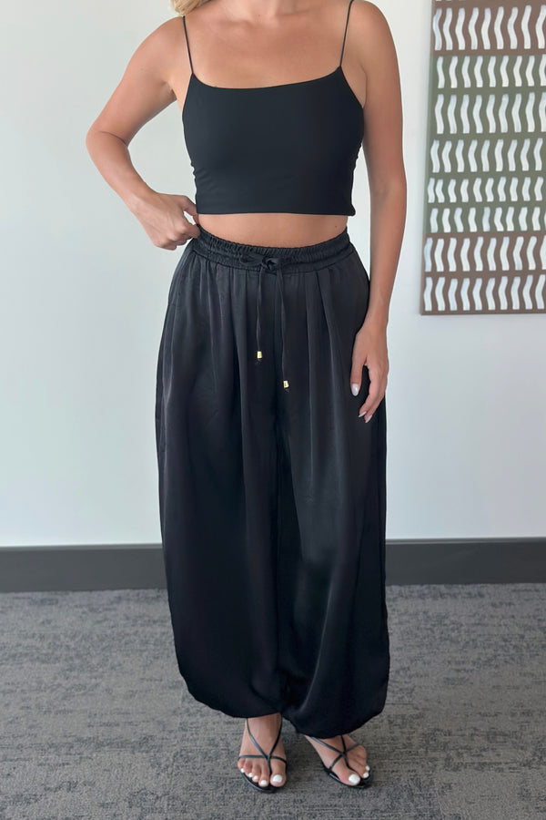 Siyah Beli Lastikli Saten Şalvar Pantolon - 51199