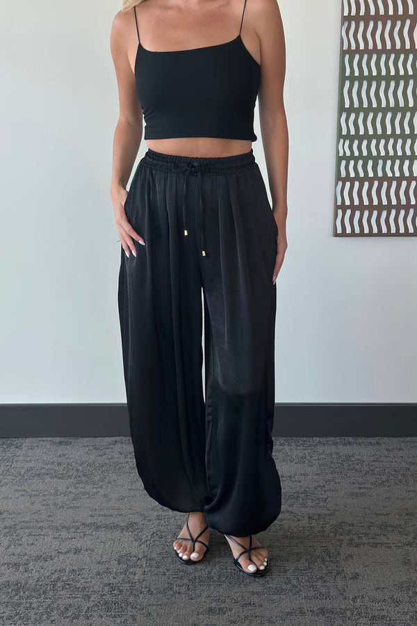 Siyah Beli Lastikli Saten Şalvar Pantolon - 51199