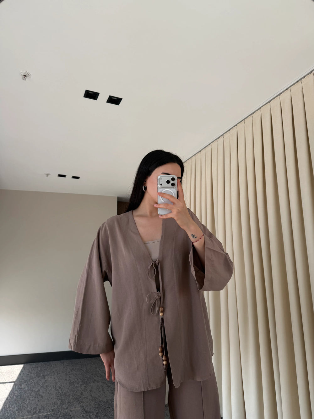 Vizon Boncuklu Kimono Keten Takım