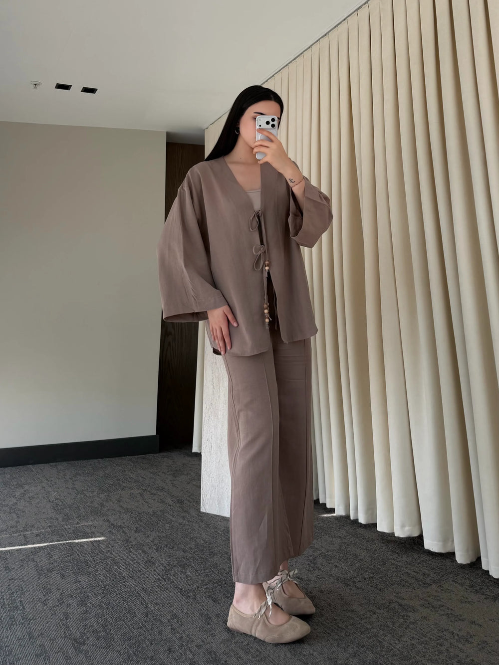 Vizon Boncuklu Kimono Keten Takım