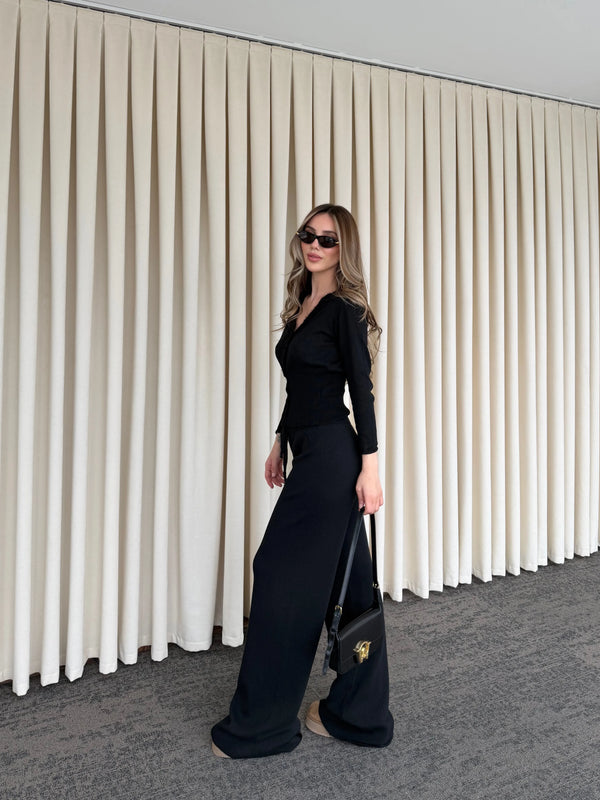 Siyah Dantelli İkili Triko Takım - 2602