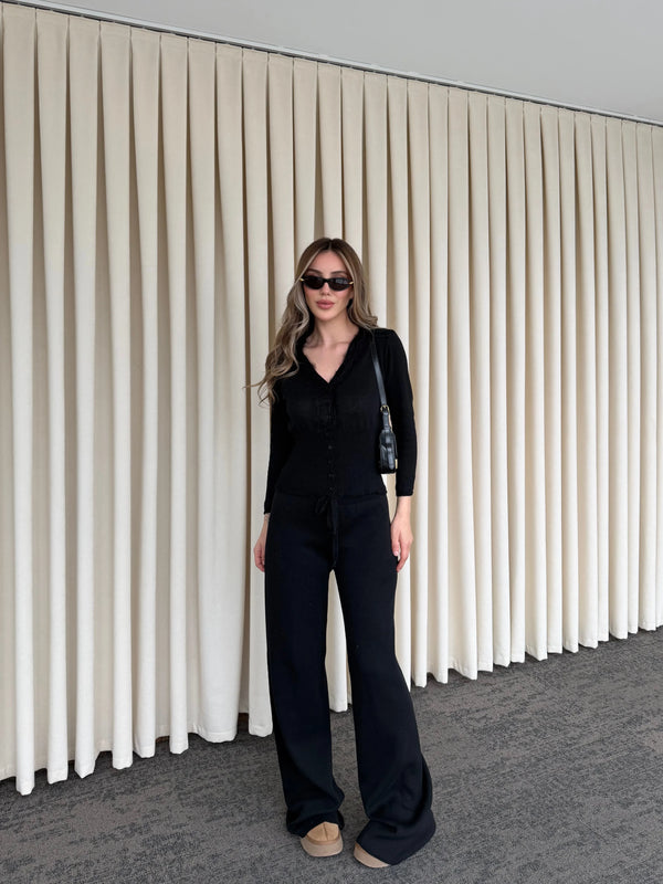 Siyah Dantelli İkili Triko Takım - 2602