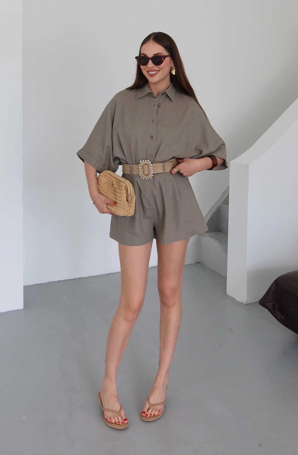 Vizon Hasır Kemerli Gömlek Şort Takım