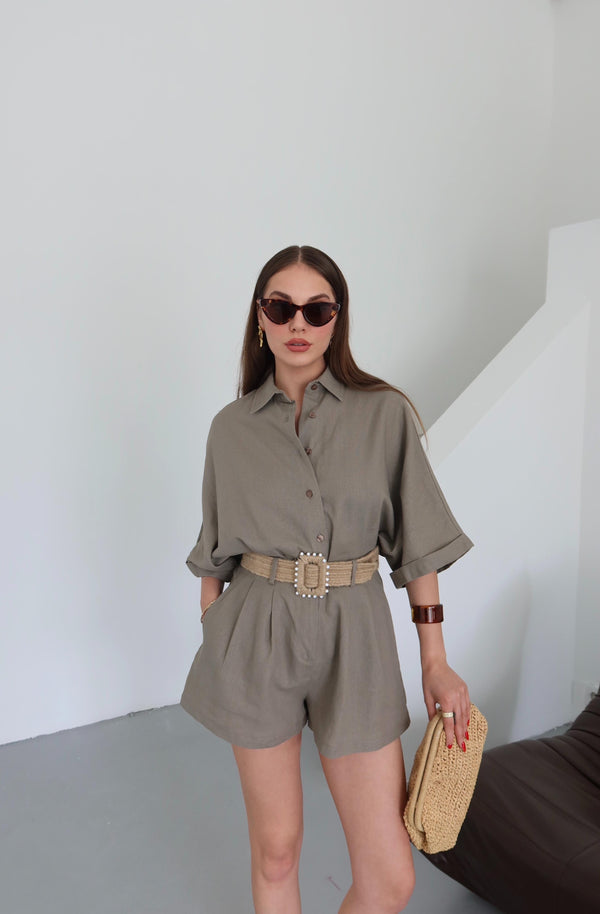 Vizon Hasır Kemerli Gömlek Şort Takım