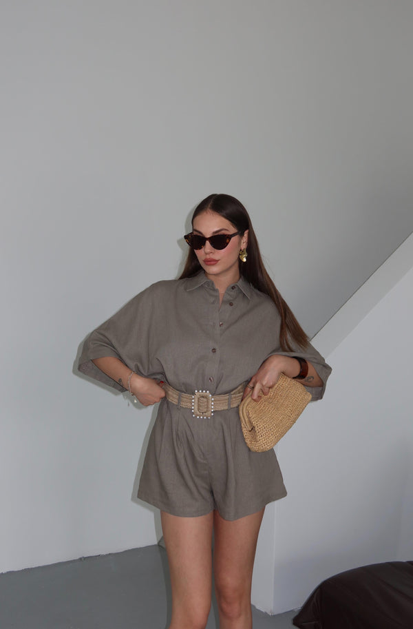 Vizon Hasır Kemerli Gömlek Şort Takım