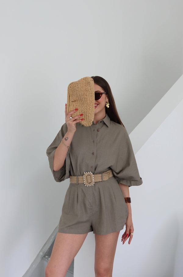 Vizon Hasır Kemerli Gömlek Şort Takım