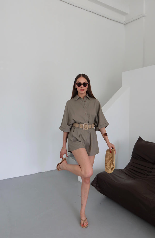 Vizon Hasır Kemerli Gömlek Şort Takım