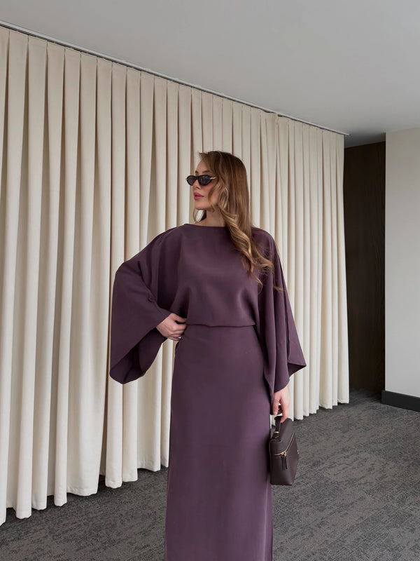 Mürdüm Yarasa Kol Modal Elbise - 5000