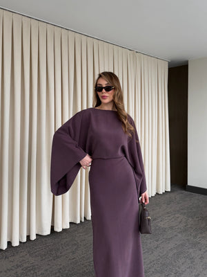 Mürdüm Yarasa Kol Modal Elbise - 5000