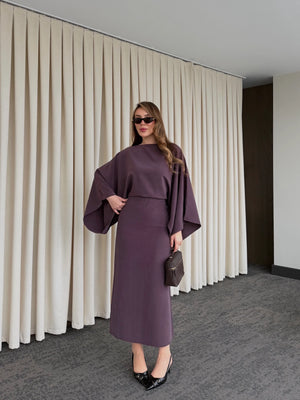 Mürdüm Yarasa Kol Modal Elbise - 5000