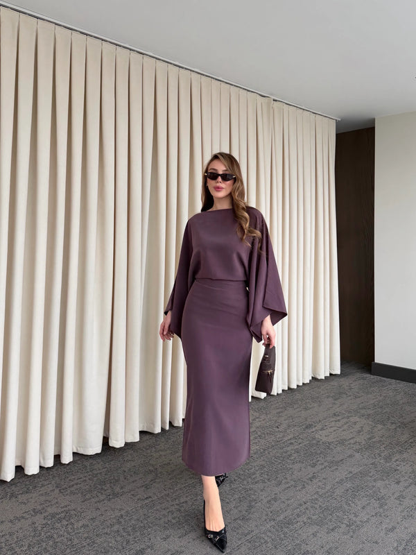 Mürdüm Yarasa Kol Modal Elbise - 5000