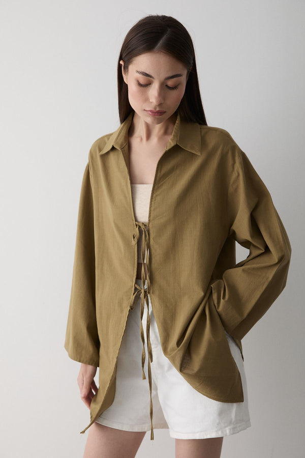 Yağ Yeşili Bağcık Detaylı Kimono Bluz
