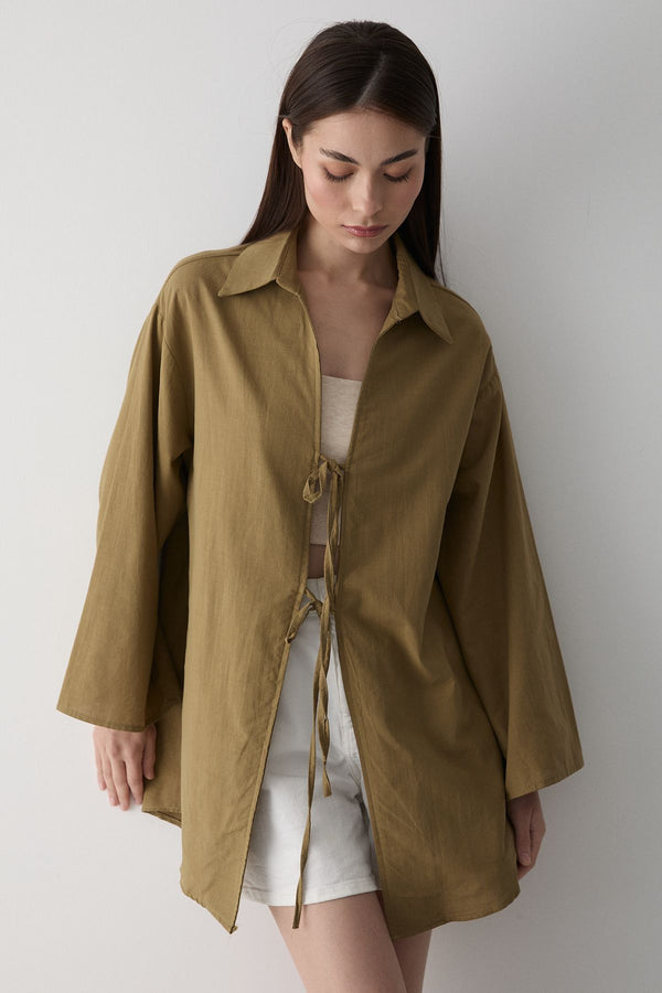 Yağ Yeşili Bağcık Detaylı Kimono Bluz