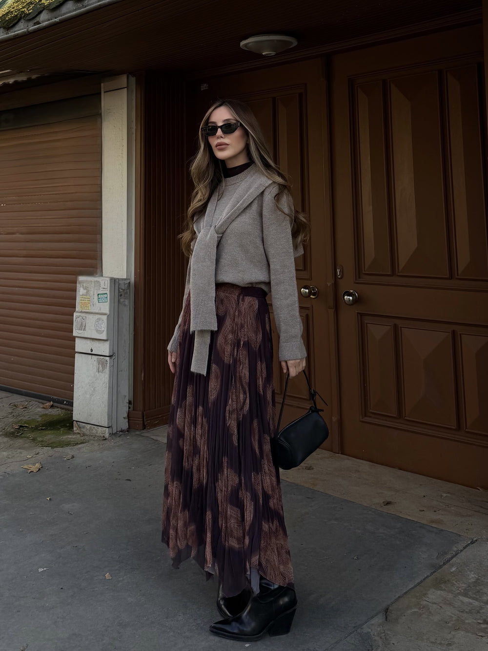 Kahverengi Etnik Desenli Şifon Etek - 251102