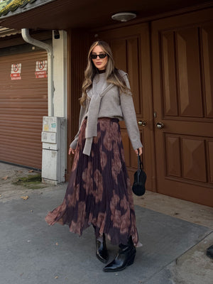 Kahverengi Etnik Desenli Şifon Etek - 251102