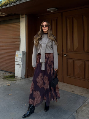 Kahverengi Etnik Desenli Şifon Etek - 251102